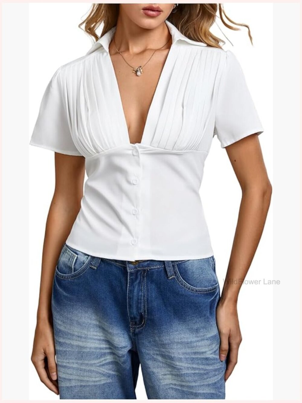 Deep V Neck Button Down Crop Top Short Sleeve Blouse